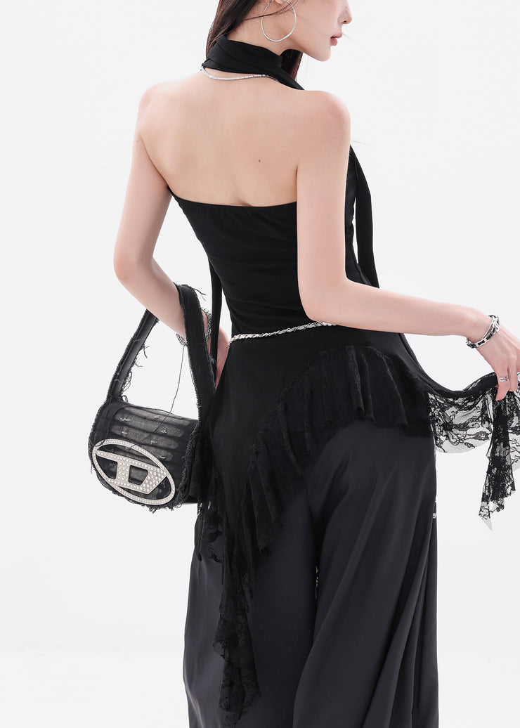 Slim Fit Black Asymmetrical Lace Solid Cotton Tank Sleeveless