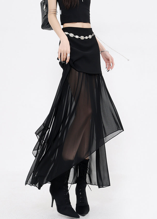 Slim Fit Black Asymmetrical Patchwork Tulle Skirts Summer