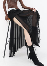 Slim Fit Black Asymmetrical Patchwork Tulle Skirts Summer