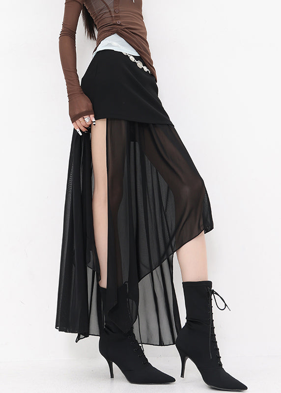 Slim Fit Black Asymmetrical Patchwork Tulle Skirts Summer