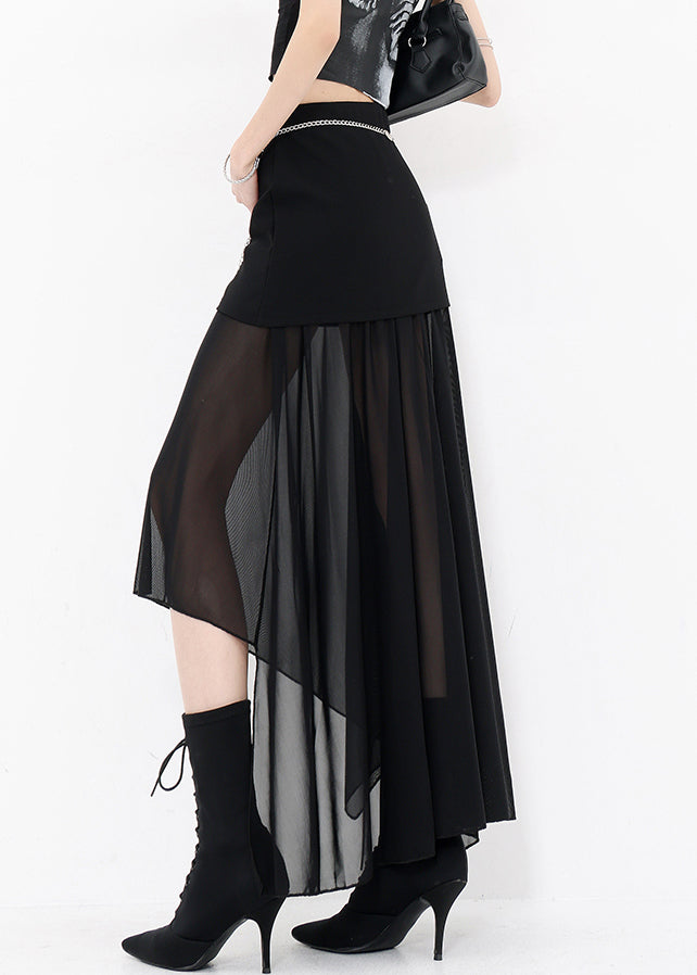 Slim Fit Black Asymmetrical Patchwork Tulle Skirts Summer