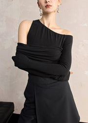 Slim Fit Black Asymmetrical Solid Cotton T Shirt Fall