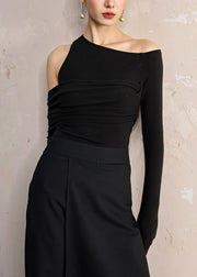 Slim Fit Black Asymmetrical Solid Cotton T Shirt Fall