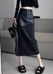 Slim Fit Black Back Side Open Faux Leather Patchwork Skirts Summer