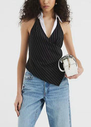 Slim Fit Black Backless Striped Cotton Tank Sleeveless