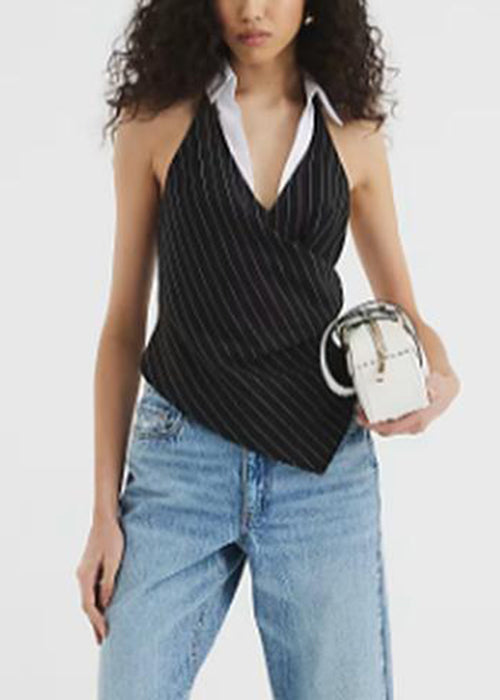 Slim Fit Black Backless Striped Cotton Tank Sleeveless
