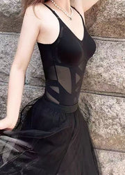 Slim Fit Black Backless Tulle Spaghetti Strap Tank Summer
