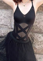 Slim Fit Black Backless Tulle Spaghetti Strap Tank Summer