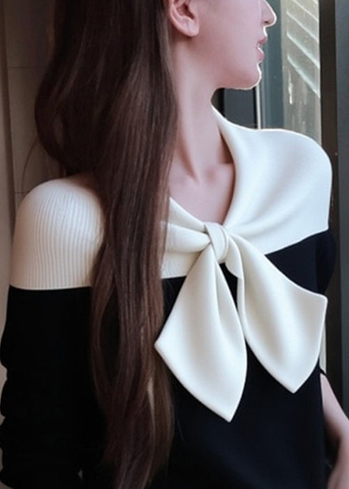 Slim Fit Black Bow Patchwork Knit Sweaters Winter