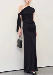 Slim Fit Black Cold Shoulder Lace Up Wrinkled Cotton Long Dress Summer