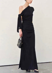 Slim Fit Black Cold Shoulder Lace Up Wrinkled Cotton Long Dress Summer