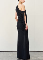 Slim Fit Black Cold Shoulder Lace Up Wrinkled Cotton Long Dress Summer