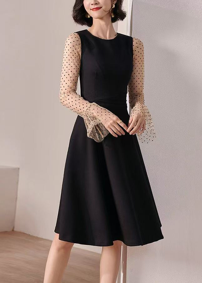 Slim Fit Black Dot High Waist Patchwork Cotton Two Piece Set Flare Sleeve