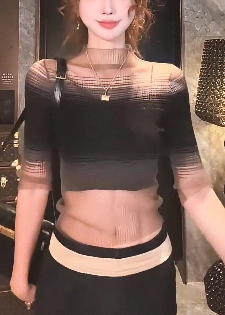 Slim Fit Black Gradient Color Turtleneck Tulle Knit T Shirt Half Sleeve