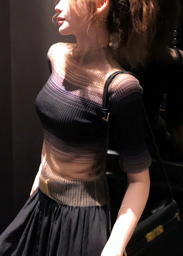 Slim Fit Black Gradient Color Turtleneck Tulle Knit T Shirt Half Sleeve