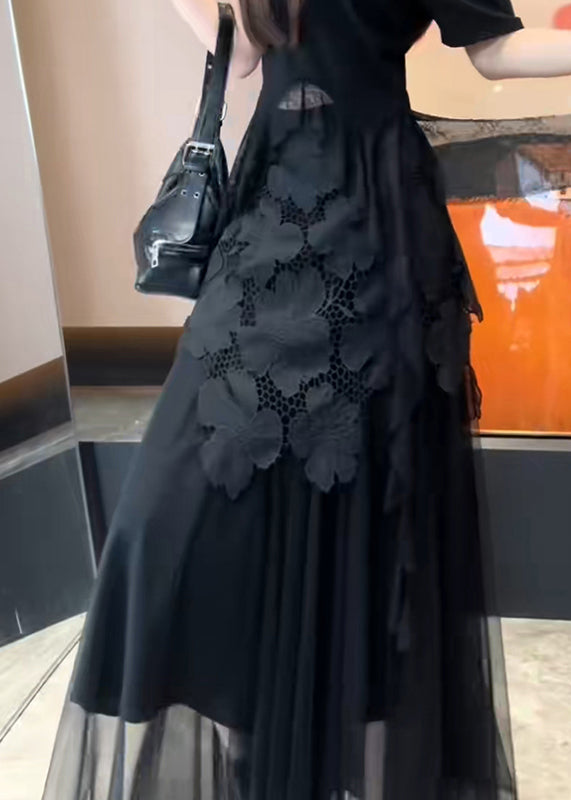 Slim Fit Black Hollow Out Patchwork Tulle Skirt Summer
