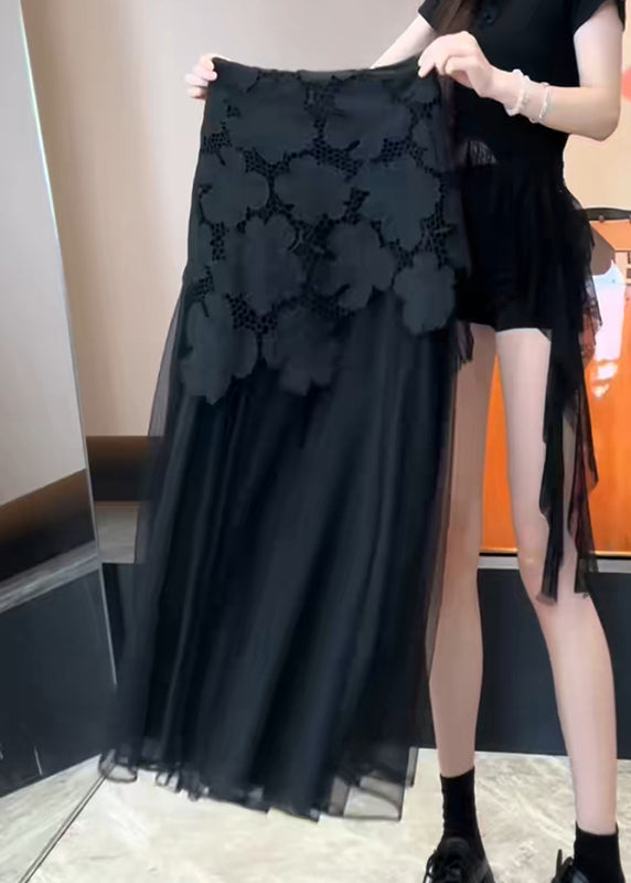 Slim Fit Black Hollow Out Patchwork Tulle Skirt Summer