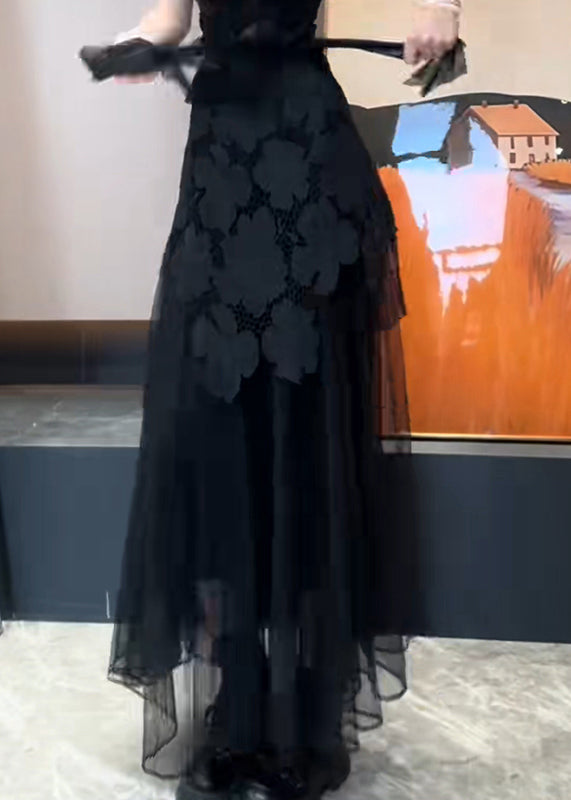 Slim Fit Black Hollow Out Patchwork Tulle Skirt Summer