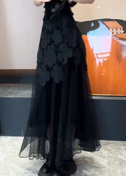 Slim Fit Black Hollow Out Patchwork Tulle Skirt Summer