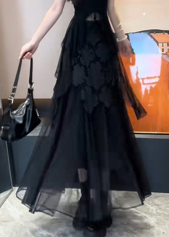 Slim Fit Black Hollow Out Patchwork Tulle Skirt Summer
