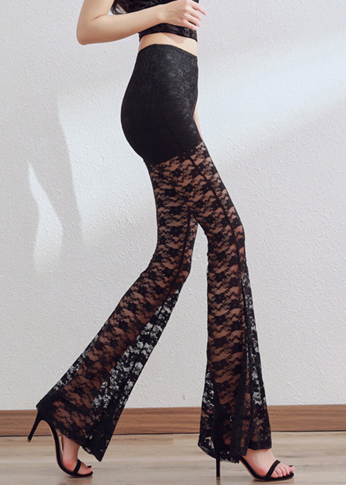 Slim Fit Black Hollow Out Solid Lace Flare Bottoms Summer