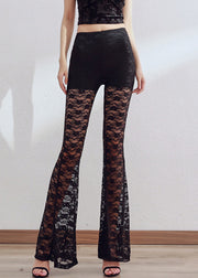 Slim Fit Black Hollow Out Solid Lace Flare Bottoms Summer