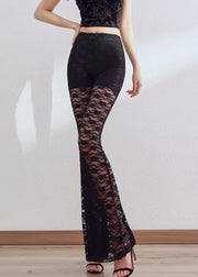 Slim Fit Black Hollow Out Solid Lace Flare Bottoms Summer