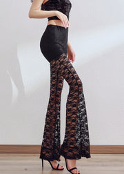 Slim Fit Black Hollow Out Solid Lace Flare Bottoms Summer