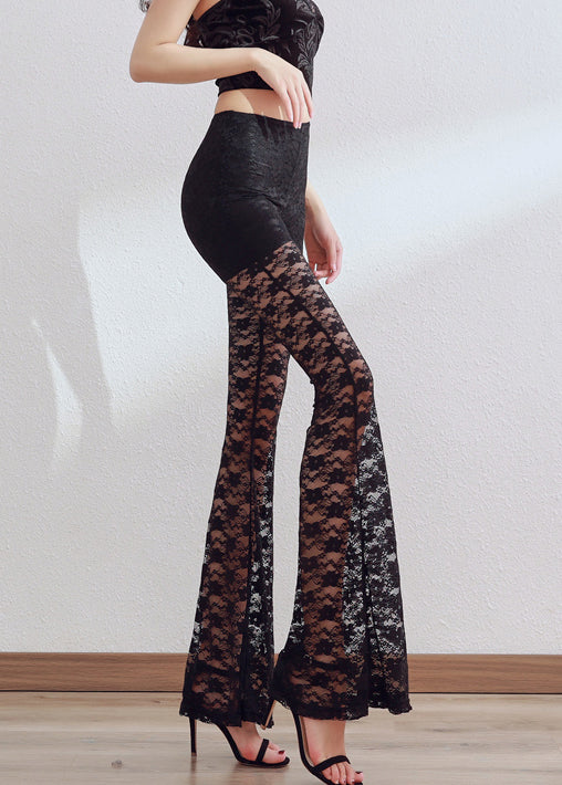 Slim Fit Black Hollow Out Solid Lace Flare Bottoms Summer