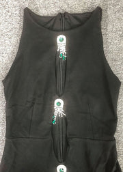 Slim Fit Black Hollow Out Zircon Cotton Long Dresses Sleeveless