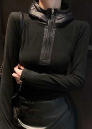 Slim Fit Black Hooded Zippered Cotton T Shirts Top Winter