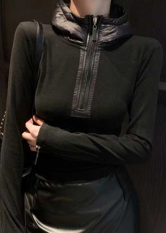 Slim Fit Black Hooded Zippered Cotton T Shirts Top Winter