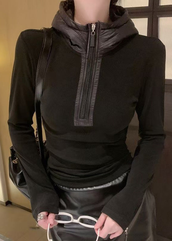 Slim Fit Black Hooded Zippered Cotton T Shirts Top Winter