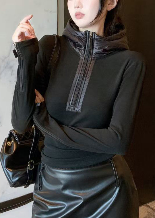 Slim Fit Black Hooded Zippered Cotton T Shirts Top Winter