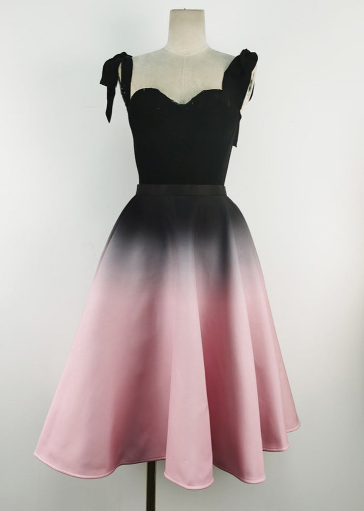Slim Fit Black Lace Bow Silk Velvet Tank And Gradient Color Skirts Two Pieces Set Sleeveless