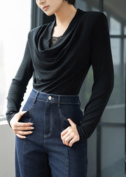 Slim Fit Black Lace Patchwork Solid Wool T Shirts Fall