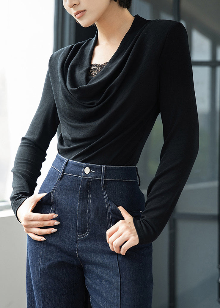 Slim Fit Black Lace Patchwork Solid Wool T Shirts Fall