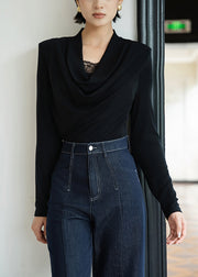 Slim Fit Black Lace Patchwork Solid Wool T Shirts Fall