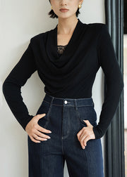 Slim Fit Black Lace Patchwork Solid Wool T Shirts Fall