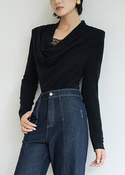 Slim Fit Black Lace Patchwork Solid Wool T Shirts Fall