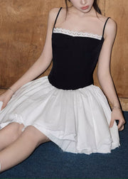 Slim Fit Black Lace Spaghetti Strap Tank And White Skirts Cotton Two Pieces Set Sleeveless