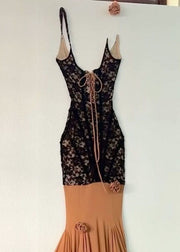 Slim Fit Black Lace Up Patchwork Lace Spaghetti Strap Dress Sleeveless