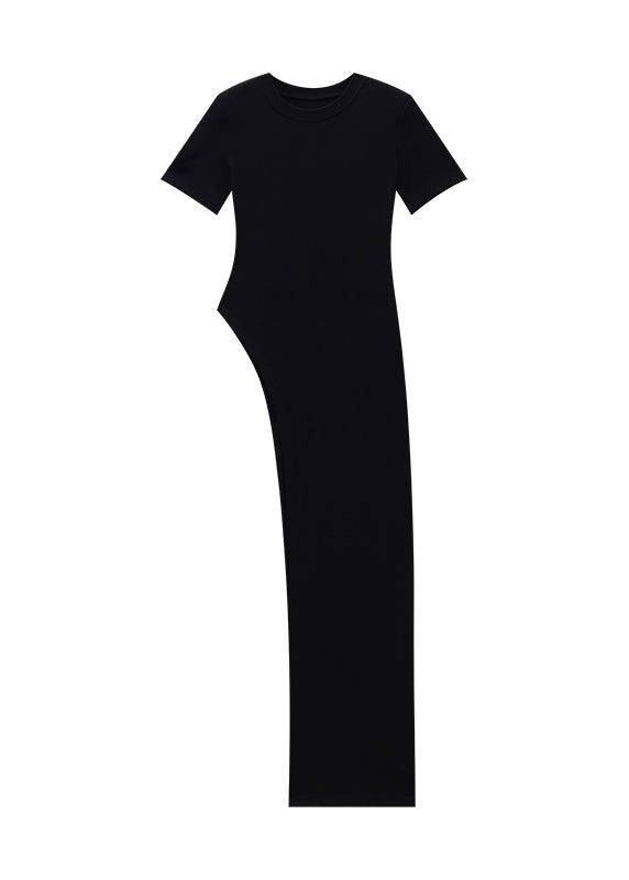 Slim Fit Black O Neck Asymmetrical Design Cotton Top Summer