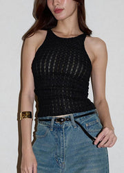 Slim Fit Black O Neck Hollow Out Solid Knit Tanks Sleeveless