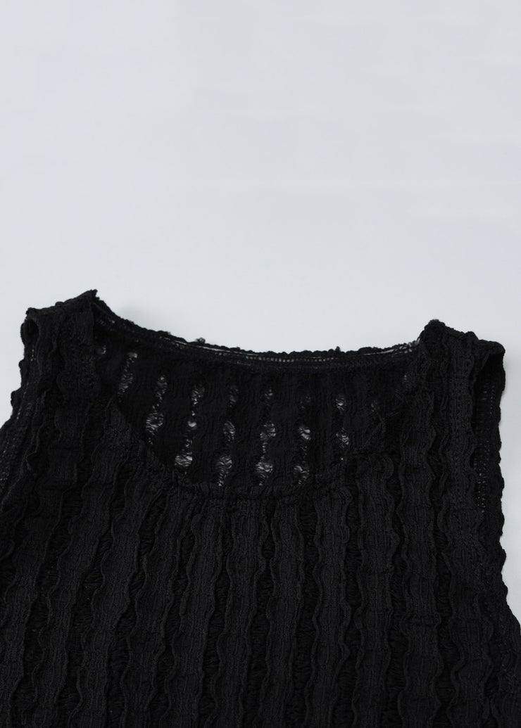 Slim Fit Black O Neck Hollow Out Solid Knit Tanks Sleeveless