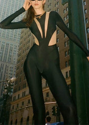 Slim Fit Black O-Neck Patchwork Sheer Tulle Bodysuit