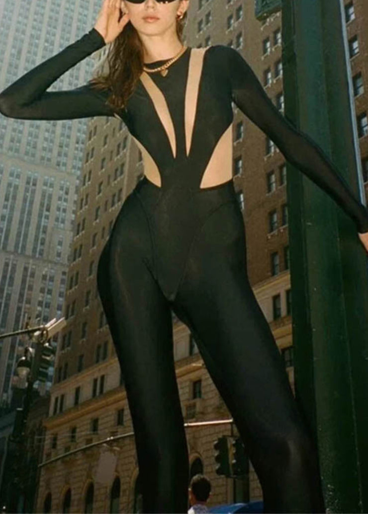Slim Fit Black O-Neck Patchwork Sheer Tulle Bodysuit