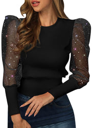 Slim Fit Black O Neck Tulle Patchwork Cotton T Shirts Fall