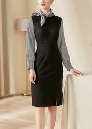 Slim Fit Black Plaid Side Open Patchwork Cotton Dresses Fall