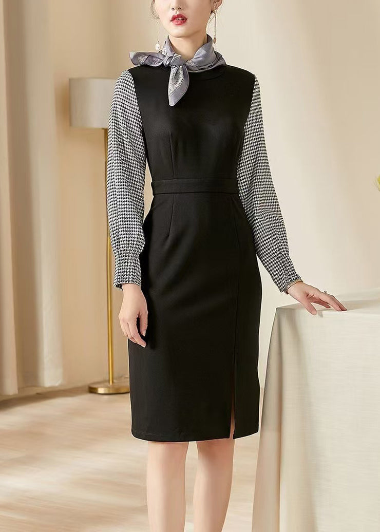 Slim Fit Black Plaid Side Open Patchwork Cotton Dresses Fall